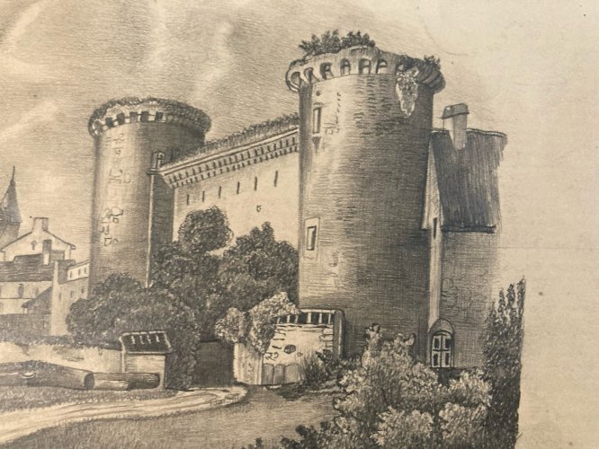 Dessin Crayon 19e à identifier Château Fort Village Ancien Maître Art