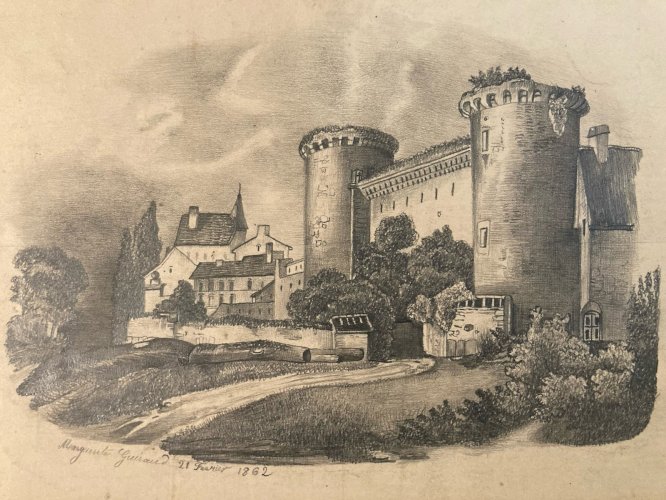 Dessin Crayon 19e à identifier Château Fort Village Ancien Maître Art