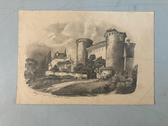 Dessin Crayon 19e à identifier Château Fort Village Ancien Maître Art