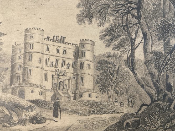 Dessin Crayon 19e à identifier Château Fort Village Art Ancien Maître
