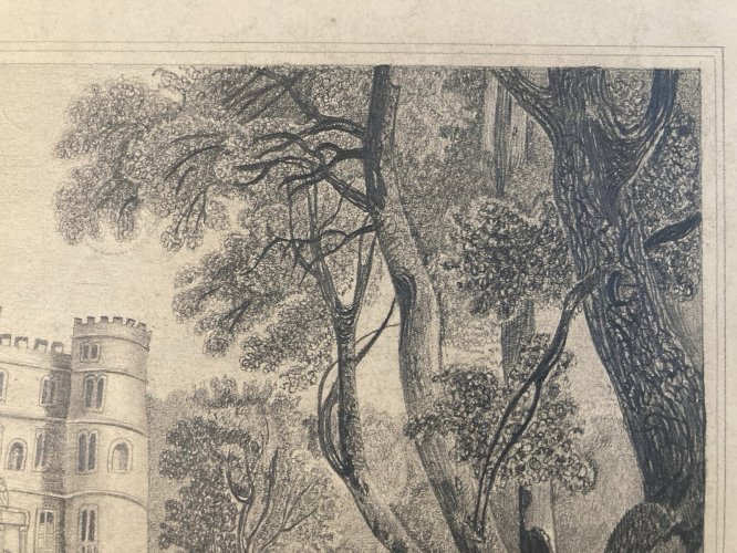 Dessin Crayon 19e à identifier Château Fort Village Art Ancien Maître