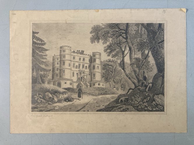 Dessin Crayon 19e à identifier Château Fort Village Art Ancien Maître