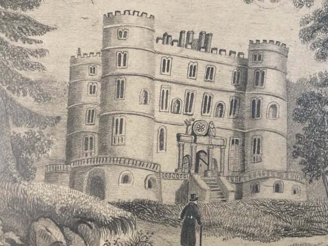 Dessin Crayon 19e à identifier Château Fort Village Art Ancien Maître