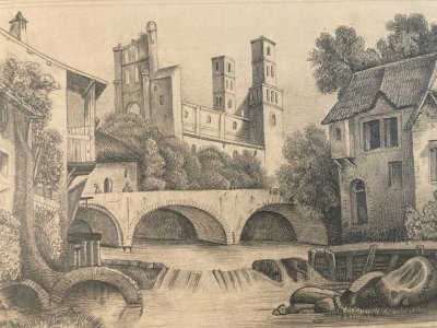 Dessin Crayon 19e à identifier Chateau Rivière Village Art Ancien