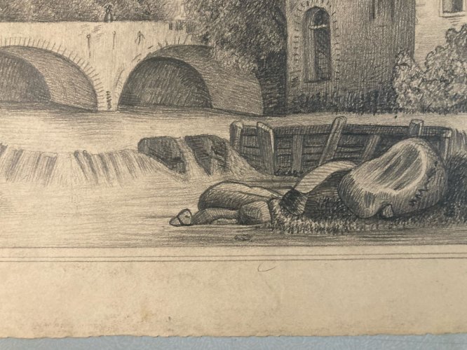 Dessin Crayon 19e à identifier Chateau Rivière Village Art Ancien