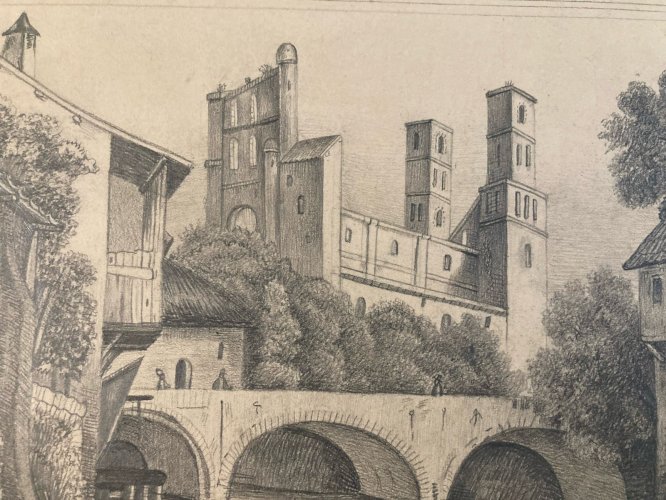 Dessin Crayon 19e à identifier Chateau Rivière Village Art Ancien