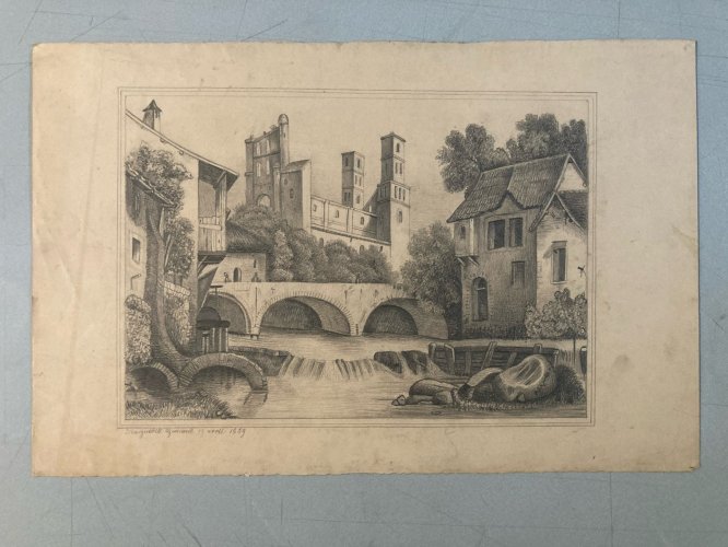 Dessin Crayon 19e à identifier Chateau Rivière Village Art Ancien