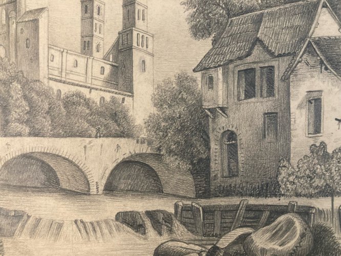Dessin Crayon 19e à identifier Chateau Rivière Village Art Ancien