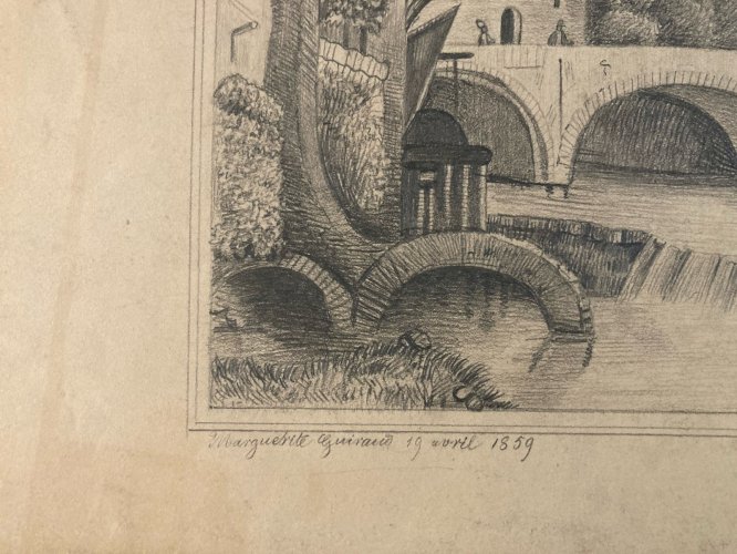 Dessin Crayon 19e à identifier Chateau Rivière Village Art Ancien