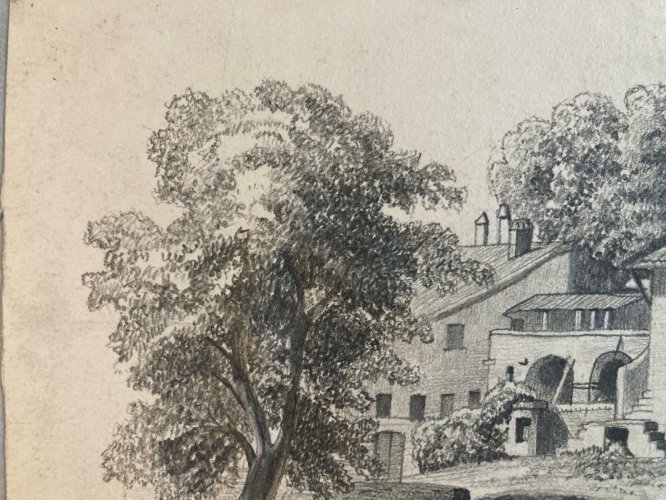 Dessin Crayon 19e à identifier Maison Château Village Art Ancien XIXe