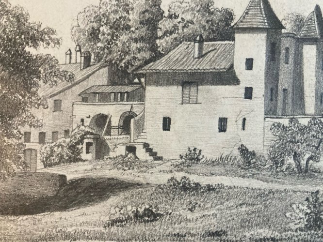 Dessin Crayon 19e à identifier Maison Château Village Art Ancien XIXe