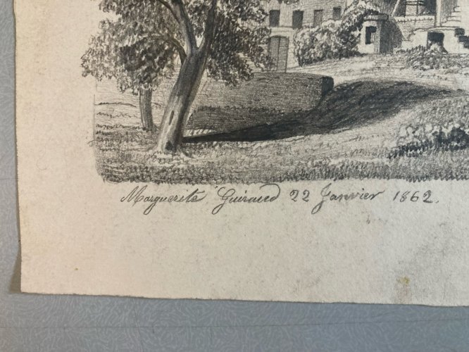 Dessin Crayon 19e à identifier Maison Château Village Art Ancien XIXe