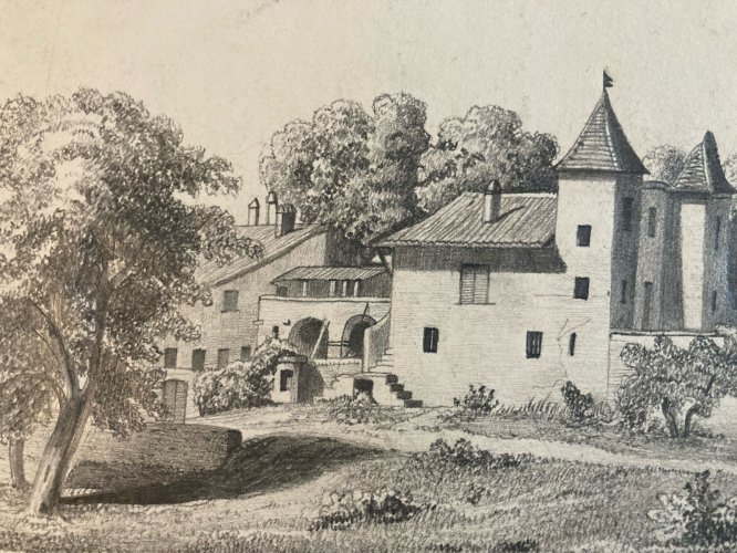 Dessin Crayon 19e à identifier Maison Château Village Art Ancien XIXe