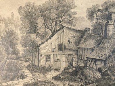 Dessin Crayon 19e à identifier Maison Rivière Eau Village Art Ancien