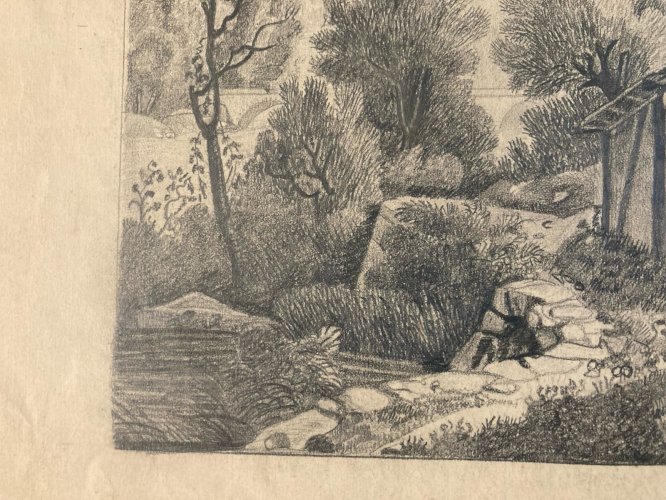 Dessin Crayon 19e à identifier Maison Rivière Eau Village Art Ancien