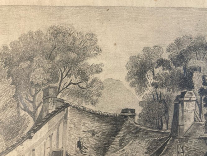 Dessin Crayon 19e à identifier Maison Rivière Eau Village Art Ancien