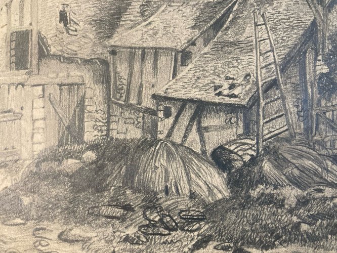 Dessin Crayon 19e à identifier Maison Rivière Eau Village Art Ancien