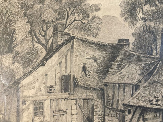Dessin Crayon 19e à identifier Maison Rivière Eau Village Art Ancien