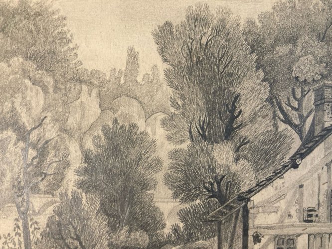 Dessin Crayon 19e à identifier Maison Rivière Eau Village Art Ancien