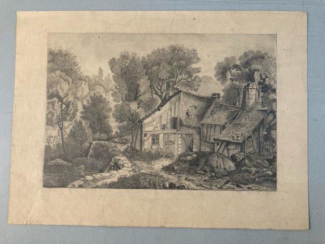 Dessin Crayon 19e à identifier Maison Rivière Eau Village Art Ancien