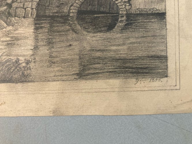 Dessin Crayon 19e à identifier Maison Rivière Village Art Ancien Eau