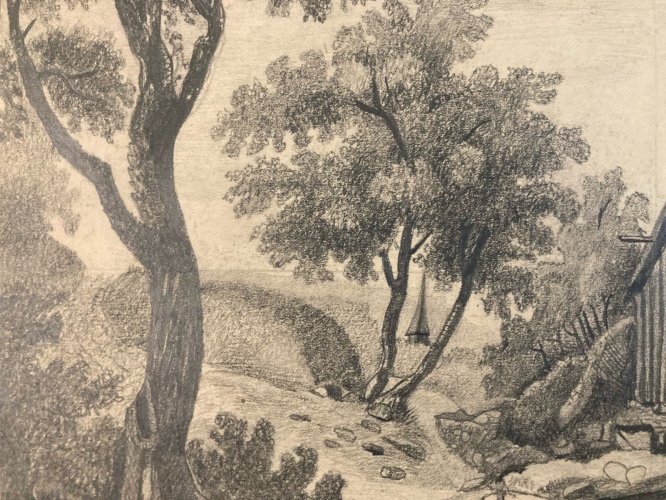 Dessin Crayon 19e à identifier Maison Rivière Village Art Ancien Eau