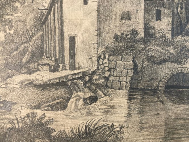 Dessin Crayon 19e à identifier Maison Rivière Village Art Ancien Eau