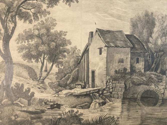 Dessin Crayon 19e à identifier Maison Rivière Village Art Ancien Eau