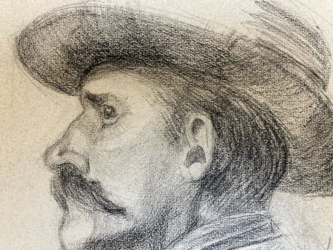 Dessin Crayon 2 Portrait Chapeau Homme Moustache Ancien Art 1850 XIXe
