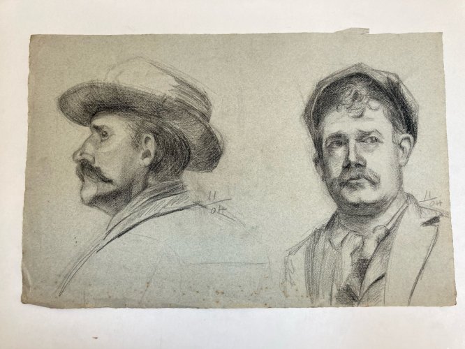 Dessin Crayon 2 Portrait Chapeau Homme Moustache Ancien Art 1850 XIXe
