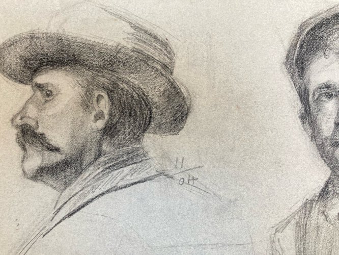 Dessin Crayon 2 Portrait Chapeau Homme Moustache Ancien Art 1850 XIXe