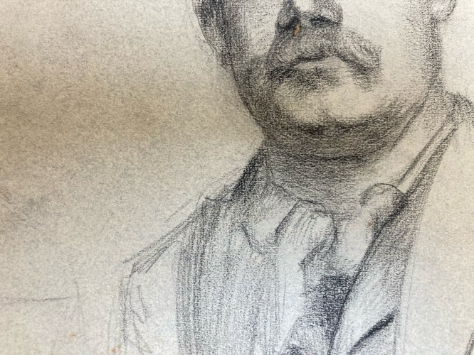 Dessin Crayon 2 Portrait Chapeau Homme Moustache Ancien Art 1850 XIXe