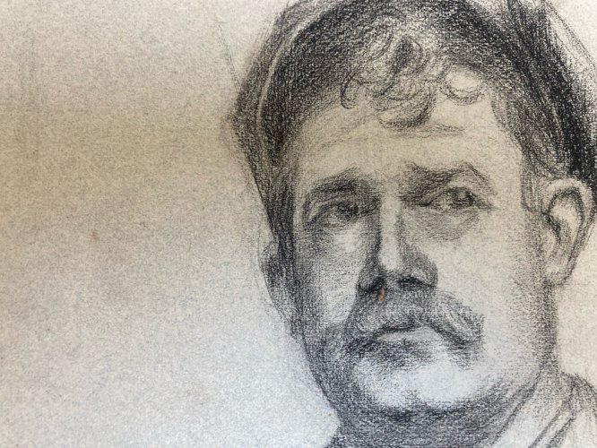 Dessin Crayon 2 Portrait Chapeau Homme Moustache Ancien Art 1850 XIXe