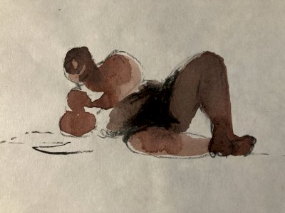 Dessin Crayon Aquarelle Homme Nu Portrait Deuxième Art Moitier XXe Plage