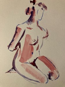 Dessin Crayon Aquarelle Nu Femme Portrait Plage Deuxième Moitier XXe Rouge