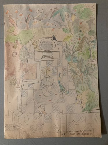 Dessin  Crayon Art Brut Outsider 1960 Naïf Ferme Animaux Aquarium
