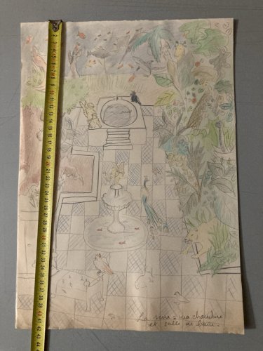 Dessin  Crayon Art Brut Outsider 1960 Naïf Ferme Animaux Aquarium