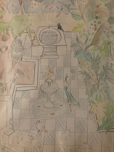Dessin  Crayon Art Brut Outsider 1960 Naïf Ferme Animaux Aquarium
