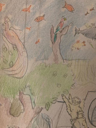 Dessin  Crayon Art Brut Outsider 1960 Naïf Ferme Animaux Aquarium