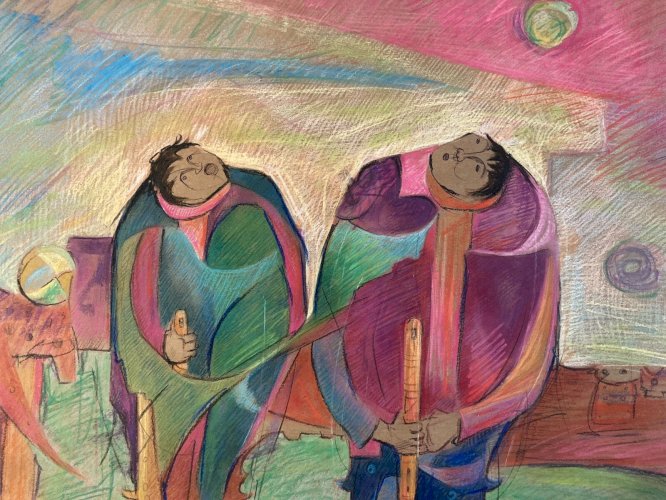 Dessin Crayon Couple Walter Barrientos Expressionnisme 1985 Expressionniste