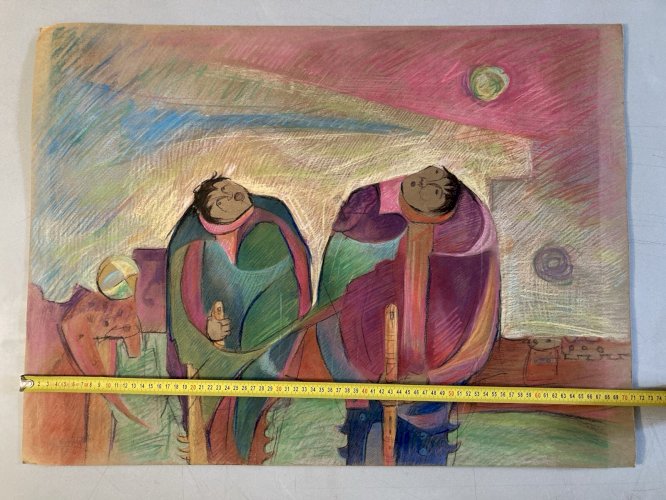 Dessin Crayon Couple Walter Barrientos Expressionnisme 1985 Expressionniste