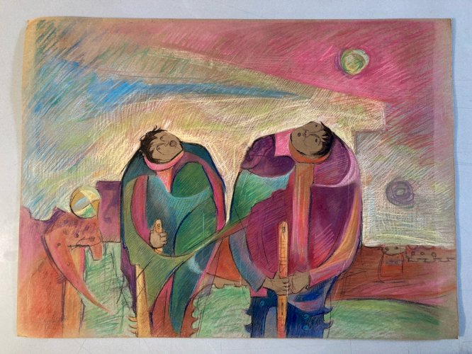 Dessin Crayon Couple Walter Barrientos Expressionnisme 1985 Expressionniste