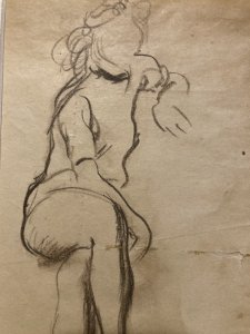 Dessin Crayon femme art 1950 Ancien Assise Esquisse Étude Chaise XXe