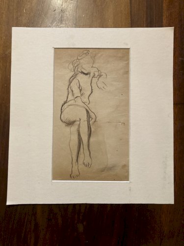 Dessin Crayon femme art 1950 Ancien Assise Esquisse Étude Chaise XXe