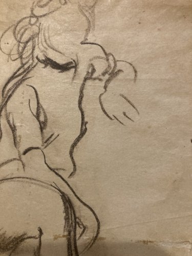 Dessin Crayon femme art 1950 Ancien Assise Esquisse Étude Chaise XXe