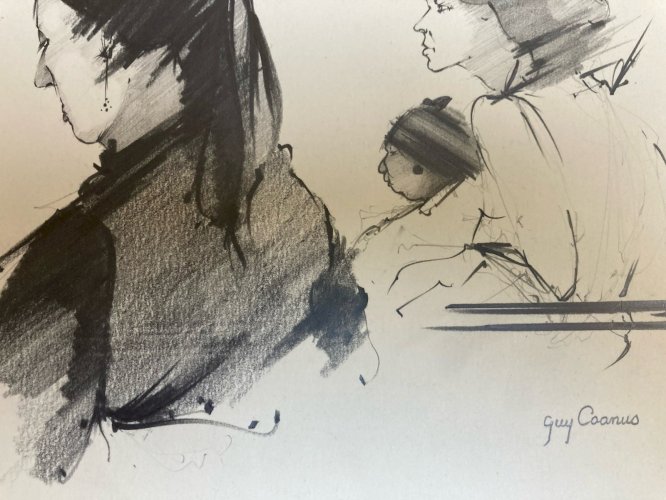 Dessin Crayon Guy Coanus Homme Assis Portrait Deuxième Moitier XXe Art 1970