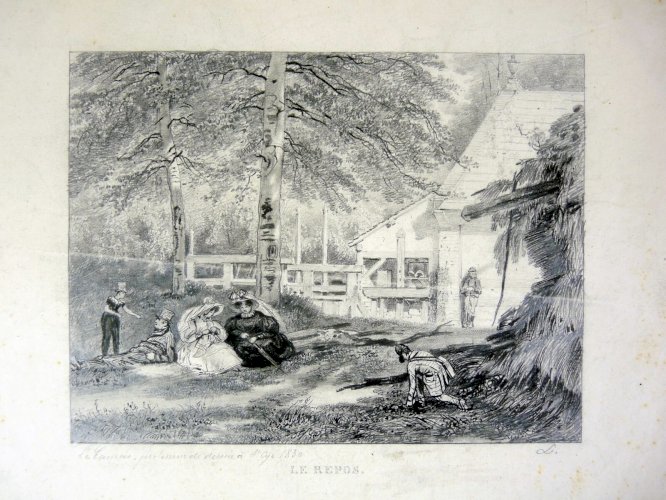 Dessin crayon original XIX° LE REPOS signé Pierre Duval le Camus (1790 - 1854)
