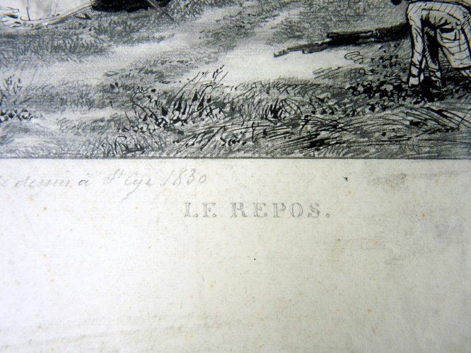 Dessin crayon original XIX° LE REPOS signé Pierre Duval le Camus (1790 - 1854)