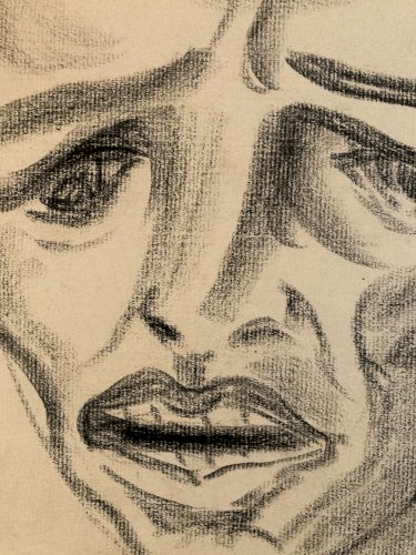 dessin Crayon Papier Expressionniste Express Portrait Ancien 1950 A Identifier