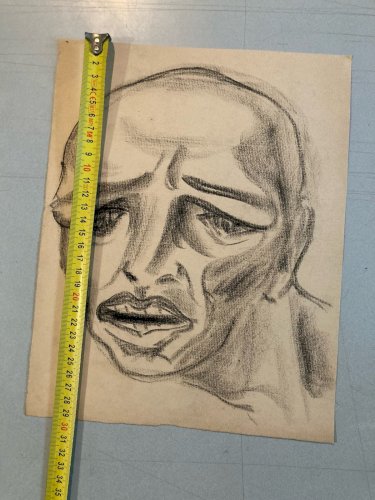 dessin Crayon Papier Expressionniste Express Portrait Ancien 1950 A Identifier